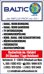 Banner mit Kontaktdaten und Leistungsübersicht vom Baltic Abflussdienst in Offenbach für Rohrreinigung, Kanalreinigung und Notdienst