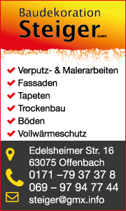 Banner der Baudekoration Steiger GmbH in Offenbach mit Kontaktdaten und Leistungen für Altbausanierung und Renovierung