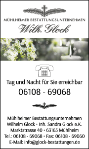Banner mit Kontaktdaten und Leistungen vom Mühlheimer Bestattungsunternehmen Wilh. Glock in Mühlheim am Main