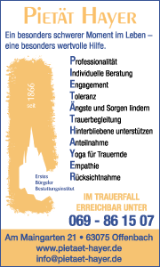 Banner von Pietät Hayer in Offenbach mit Kontaktdaten und Überblick über Bestattungsleistungen wie Beratung, Vorsorge und individuelle Trauerfeiern