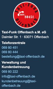 Banner von Taxi-Funk Offenbach mit Kontaktdaten, Fahrservice, Flughafentransfer und wichtigen Leistungsinformationen f&uuml;r Kunden.