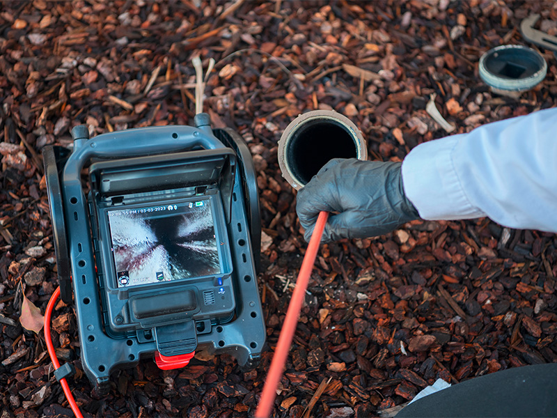 Techniker führt Kanal-TV-Untersuchung in Offenbach mit Inspektionskamera im Abfluss durch und überprüft Rohrleitungen auf Schäden und Verstopfungen