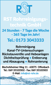 Banner mit Kontaktdaten und Leistungen der RST Rohrreinigungstechnik GmbH in Offenbach für schnelle Hilfe bei Rohrverstopfung und Abflussproblemen